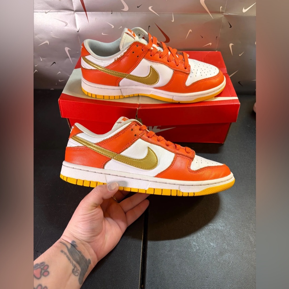Size 7.5m- 9w- Nike Dunk Low Orange University Gold